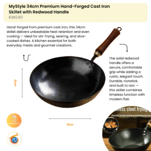 MyStyle 34cm Premium Hand-Forged Cast Iron Skillet with Redwood Handle